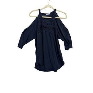 Soul Cake Womens Navy Blue Cold Shoulder Crochet Lace Trim Top Size L USA Made